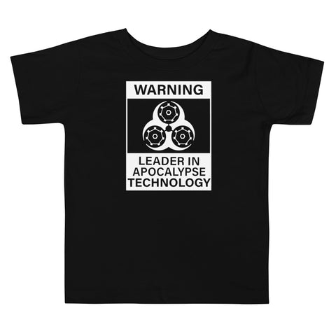 Tesla inspired apparel. Elon Musk quote. Cybertruck. Leader In Apocalypse Technology image centered on toddler t-shirt.