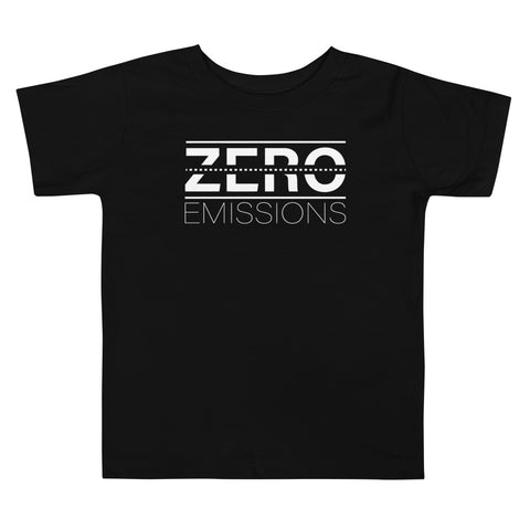 Tesla inspired apparel. EV no emissions. Electric Vehicle Car. Zero Emissions image centered on toddler t-shirt.