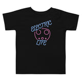 Tesla inspired apparel. EV car charger. Electric Life image centered on toddler t-shirt.