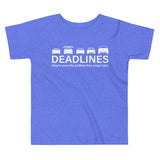 Tesla inspired apparel.  Elon Musk missing deadlines since day one. Deadlines image centered on toddler t-shirt.