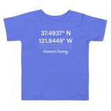 Tesla inspired apparel. Fremont Gigafactory GPS coordinates. Birthplace Fremont image centered on toddler t-shirt.