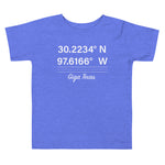 Tesla inspired apparel. Texas Gigafactory GPS coordinates. Birthplace Texas image centered on toddler t-shirt.