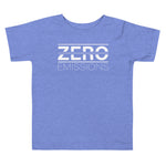 Tesla inspired apparel. EV no emissions. Electric Vehicle Car. Zero Emissions image centered on toddler t-shirt.