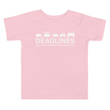 Tesla inspired apparel.  Elon Musk missing deadlines since day one. Deadlines image centered on toddler t-shirt.