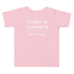 Tesla inspired apparel. Fremont Gigafactory GPS coordinates. Birthplace Fremont image centered on toddler t-shirt.