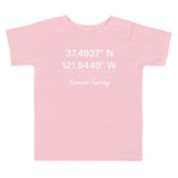 Tesla inspired apparel. Fremont Gigafactory GPS coordinates. Birthplace Fremont image centered on toddler t-shirt.