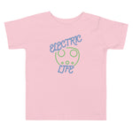 Tesla inspired apparel. EV car charger. Electric Life image centered on toddler t-shirt.