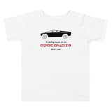 Tesla inspired apparel. Cybertruck. Apocalypse Near You image centered on toddler t-shirt.