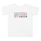 Tesla inspired apparel. Elon Musk quote. Against All Odds image centered on kids white t-shirt.