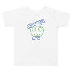 Tesla inspired apparel. EV car charger. Electric Life image centered on toddler t-shirt.