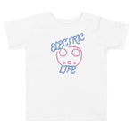 Tesla inspired apparel. EV car charger. Electric Life image centered on toddler t-shirt.