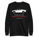 Tesla inspired apparel. Cybertruck. Apocalypse Near You image centered on pullover sweatshirt.