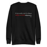 Tesla inspired apparel. Elon Musk quote. Maximize Enjoyment image centered on pullover sweatshirt.