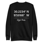 Tesla inspired apparel. Texas Gigafactory GPS coordinates. Birthplace Texas image centered on pullover sweatshirt.