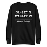 Tesla inspired apparel. Fremont Gigafactory GPS coordinates. Birthplace Fremont image centered on pullover sweatshirt.