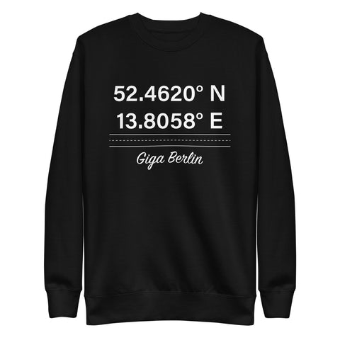 Tesla inspired apparel. Berlin Gigafactory GPS coordinates. Birthplace Berlin image centered on pullover sweatshirt.