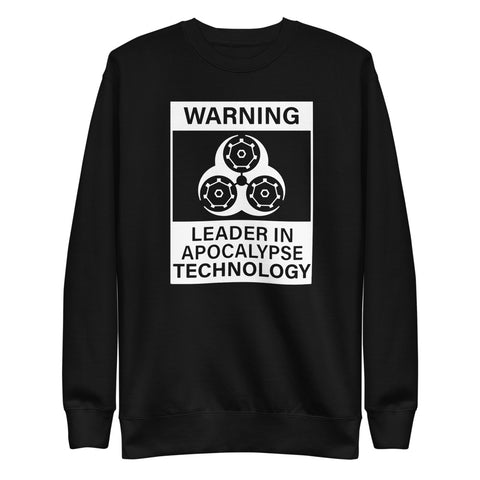 Tesla inspired apparel. Elon Musk quote. Cybertruck. Leader In Apocalypse Technology image centered on pullover sweatshirt.