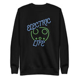 Tesla inspired apparel. EV car charger. Electric Life image centered on pullover sweatshirt.