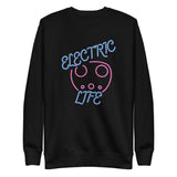 Tesla inspired apparel. EV car charger. Electric Life image centered on pullover sweatshirt.