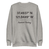 Tesla inspired apparel. Fremont Gigafactory GPS coordinates. Birthplace Fremont image centered on pullover sweatshirt.