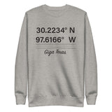 Tesla inspired apparel. Texas Gigafactory GPS coordinates. Birthplace Texas image centered on pullover sweatshirt.