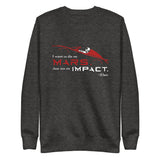 Tesla inspired apparel. Elon Musk quote. Starman in red roadster. Die On Mars, Not On Impact image centered on pullover sweatshirt.