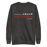 Tesla inspired apparel. Henry Ford and Elon Musk. Comments about horses. Building Faster Horses image centered on pullover sweatshirt.