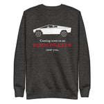 Tesla inspired apparel. Cybertruck. Apocalypse Near You image centered on pullover sweatshirt.