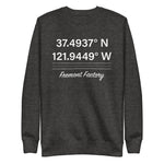 Tesla inspired apparel. Fremont Gigafactory GPS coordinates. Birthplace Fremont image centered on pullover sweatshirt.