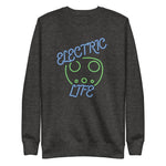 Tesla inspired apparel. EV car charger. Electric Life image centered on pullover sweatshirt.