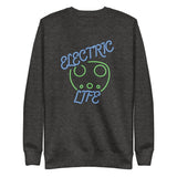 Tesla inspired apparel. EV car charger. Electric Life image centered on pullover sweatshirt.