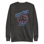 Tesla inspired apparel. EV car charger. Electric Life image centered on pullover sweatshirt.