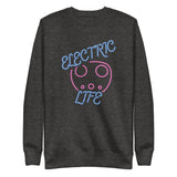 Tesla inspired apparel. EV car charger. Electric Life image centered on pullover sweatshirt.