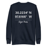 Tesla inspired apparel. Texas Gigafactory GPS coordinates. Birthplace Texas image centered on pullover sweatshirt.