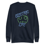 Tesla inspired apparel. EV car charger. Electric Life image centered on pullover sweatshirt.