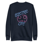 Tesla inspired apparel. EV car charger. Electric Life image centered on pullover sweatshirt.