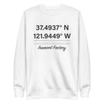 Tesla inspired apparel. Fremont Gigafactory GPS coordinates. Birthplace Fremont image centered on pullover sweatshirt.