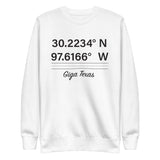 Tesla inspired apparel. Texas Gigafactory GPS coordinates. Birthplace Texas image centered on pullover sweatshirt.