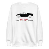 Tesla inspired apparel. Elon Musk quote. Cybertruck. Just Fix It In Post image centered on pullover sweatshirt.