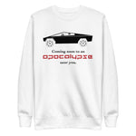 Tesla inspired apparel. Cybertruck. Apocalypse Near You image centered on pullover sweatshirt.