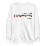 Tesla inspired apparel. Henry Ford and Elon Musk. Comments about horses. Building Faster Horses image centered on pullover sweatshirt.