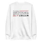 Tesla inspired apparel. Elon Musk quote. Against All Odds image centered on white pullover.