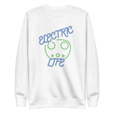 Tesla inspired apparel. EV car charger. Electric Life image centered on pullover sweatshirt.