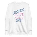 Tesla inspired apparel. EV car charger. Electric Life image centered on pullover sweatshirt.