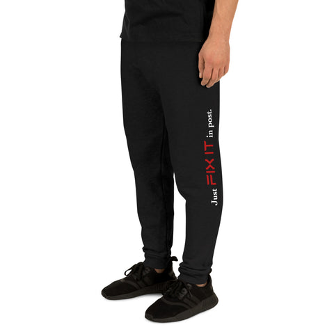 Tesla inspired apparel. Elon Musk quote. Cybertruck. Just Fix It In Post image centered down leg of jogger sweatpants.