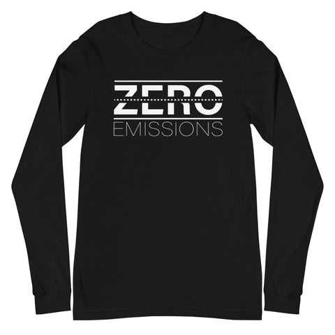 Tesla inspired apparel. EV no emissions. Electric Vehicle Car. Zero Emissions image centered on long sleeve t-shirt.