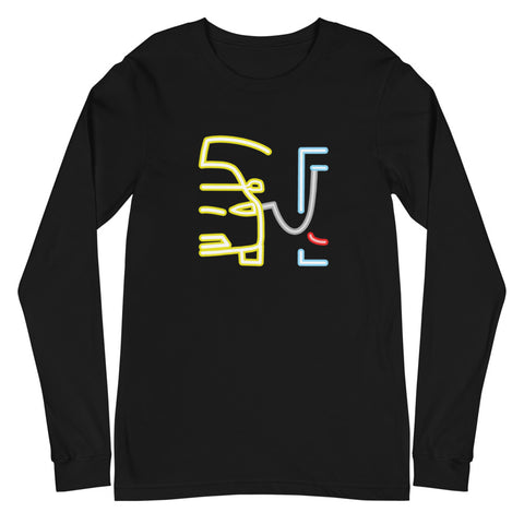 Tesla inspired apparel. Model X at supercharger. Supercharging. Plugged In X image centered on long sleeve t-shirt.