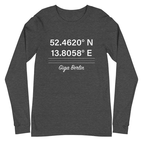 Tesla inspired apparel. Berlin Gigafactory GPS coordinates. Birthplace Berlin image centered on long sleeve t-shirt.