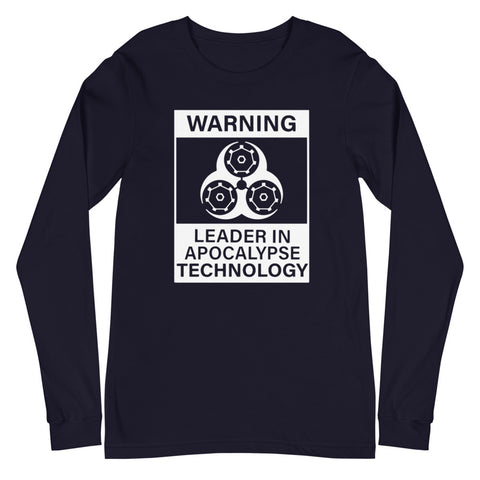 Tesla inspired apparel. Elon Musk quote. Cybertruck. Leader In Apocalypse Technology image centered on long sleeve t-shirt.