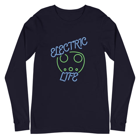 Tesla inspired apparel. EV car charger. Electric Life image centered on long sleeve t-shirt.